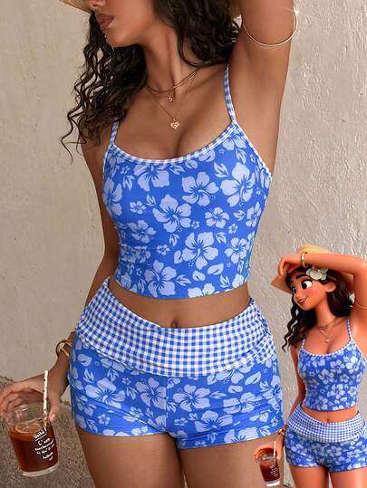 Women's Tank Bikini Swimsuit, Summer T-Shirt Plaid Hibiscus Print Beach Top With Built-In Bra/Outerwear/Birthday Outfit/Casual Wear/Y2K/2000s/Millennium Clothing/Elegant/Old Money/Streetwear/Vacation Outfit/Girls Beach Outfit