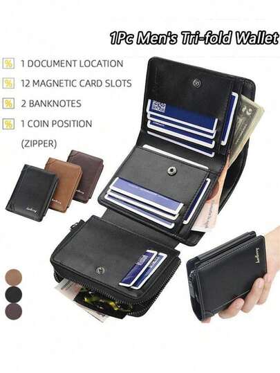 13 Card Slots Men's Wallet, Retro Faux Leather Trifold Wallet With Zipper Coin Pocket