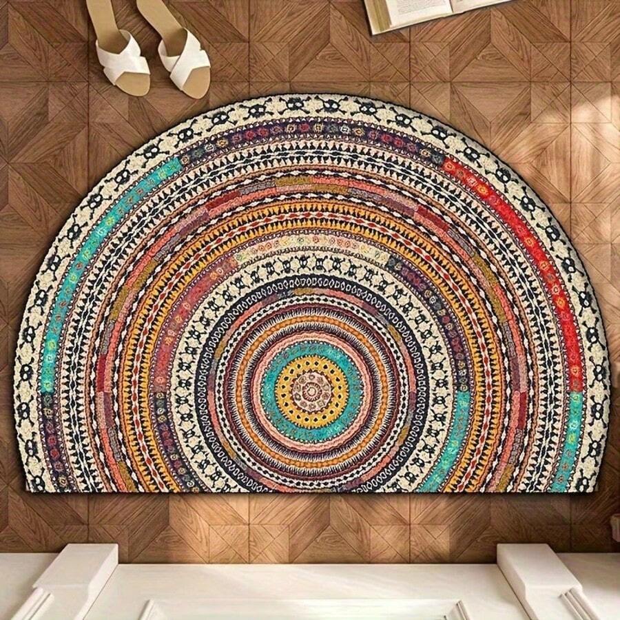 1pc Vintage Boho Mandala Print Semi-Circle Doormat, Fashionable Retro Theme Decor Mat, Bathroom Mat, Bath Rug, Doormat, Small Rug, Carpet, Floor Mat, Home Decor, Area Rug, Outdoor Mat, Area Carpet, Bedroom Rug, Washable Carpet, Doormat, Small Rug, Welcome Mat - Bohemian style - View 1