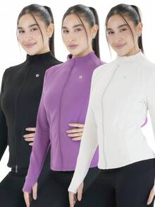3 Women's Sports Jackets With Thumb Holes, Small Stand Up Collar, Streamlined Zipper Long Sleeved Jacket, Low Impact Yoga Daily Wear - Nhiều màu - Xem 1