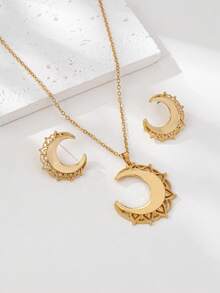 1 Set de Joyas con Aretes y Collar con Diseño Geométrico de Luna, Diseño Versátil - Amarillo Oro - Ver 2