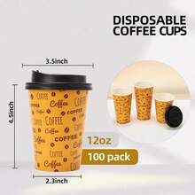 100 PACK 12OZ Disposable Coffee Cups With Lids, To Go Coffee Cups With Lids Leak Proof, Coffee Bean Design Brown Paper Cups For Cold/Hot Beverage Chocolate Cocoass For Home Office - 黃色 - 查看 3
