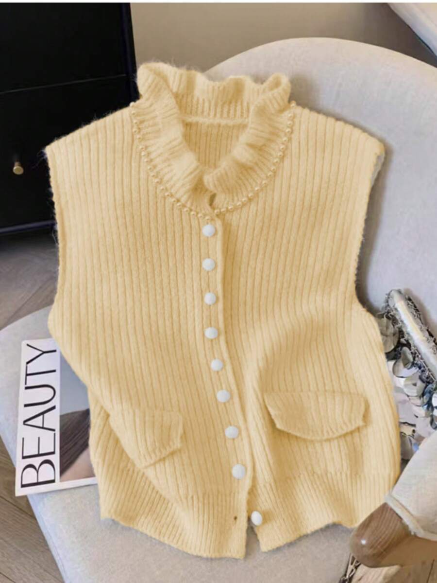 Women's Cream Yellow Ruffled Collar Knit Vest - With Buttons And Pockets, Suitable For St. Patrick's Day And Easter