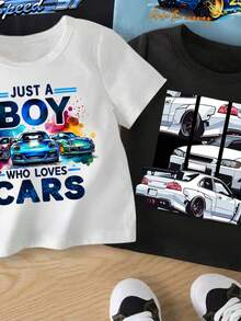 Áo thun ngắn tay cổ tròn in chữ và xe đua cho bé trai, kiểu dáng thường ngày, đa năng. - Nhiều màu - Xem 4