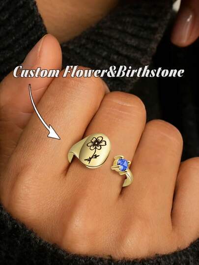 1pc Personalized Birthstone Ring, Flower Ring, Wrapped Edge Ring, Customized Engraved Open Adjustable Ring, Personalized Gift For Mom, Bridesmaid Gift, Mother's Day Gift, Birthday Flower Ring, Floral Totem Ring, Floral Jewelry, Summer Jewelry, Gold Daily Ring, Birthstone Ring, Birthstone Gift, Mother's Day Jewelry, Gift For Mother