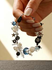 1pc Punk Style Dice, Star, Black Ball Charm Bracelet, Multi-Element Bow, Heart, Moon, Water Drop, Flower Handmade Beaded Bracelet For Women - Silver - View 1