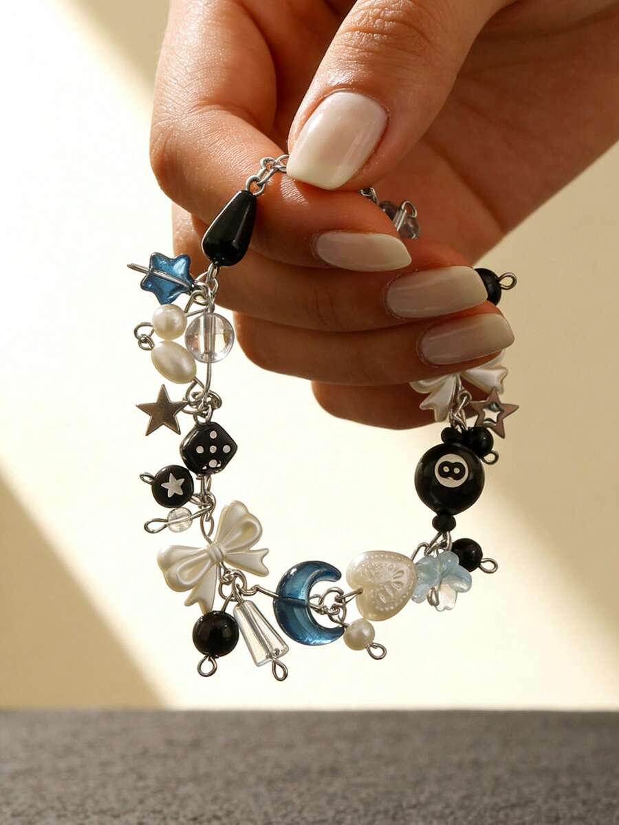 1pc Punk Style Dice, Star, Black Ball Charm Bracelet, Multi-Element Bow, Heart, Moon, Water Drop, Flower Handmade Beaded Bracelet For Women - Silver - View 1