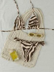 新款春夏女士黄棕色斑马纹性感优雅休闲露背系带比基尼套装，适合海滩、派对、约会、舞台和音乐会等场合。 - 彩色 - 查看 4