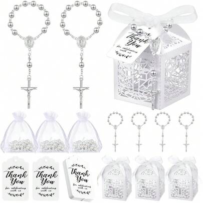 100 Pcs Baptism Favors Set Includes 25 Pcs Mini Rosary 25 Pcs Laser Cut Baptism Favor Boxes 25 Pcs White Organza Bags And 25 Pcs Thank You Tags For Baby Shower Wedding Party Baptism Supplies