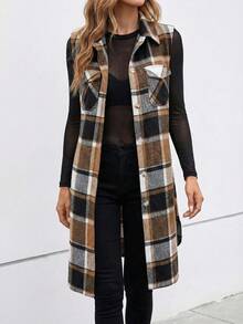 Women's Sleeveless Long Elegant Vest, Casual Outerwear For Outing And Dating, Autumn/Winter - Brown - View 2