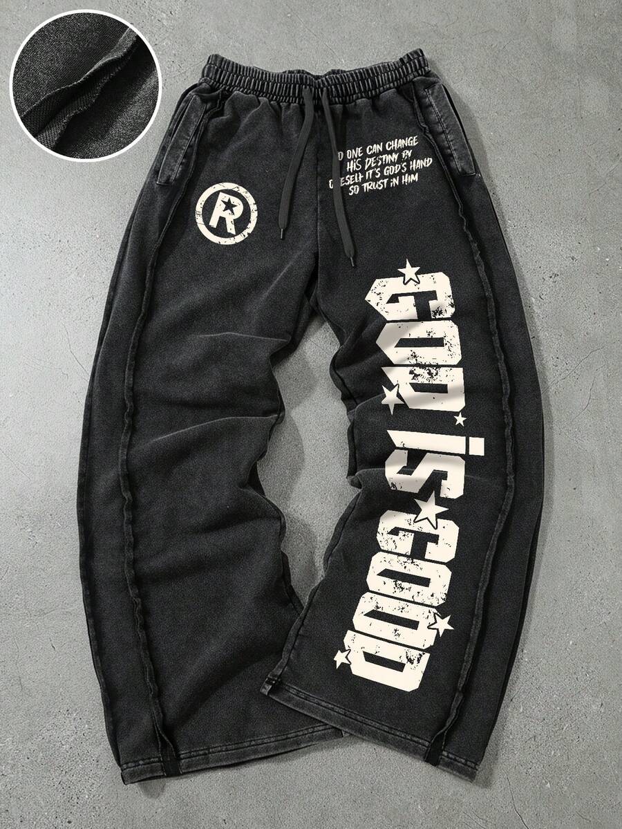 1pc Men's Black Washed Loose Sweatpants, "SAINTS" Graphic Design, Y2K Streetwear Style, Suitable For Casual Daily And Urban Wear - Black - View 1