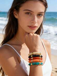 1 件/5 件套时尚简约复古亚克力曲线管和串珠手链，适合日常佩戴、约会、派对、礼物 - 彩色 - 查看 3