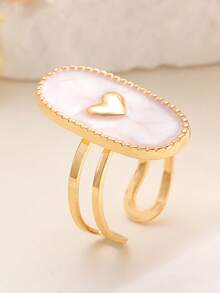 1 pieza Anillo abierto minimalista y elegante con incrustaciones de cristal de forma geométrica elíptica, luna, estrella, corazón y cruz, adecuado para uso diario, vacaciones y festivales de mujeres - Amarillo Oro - Ver 3