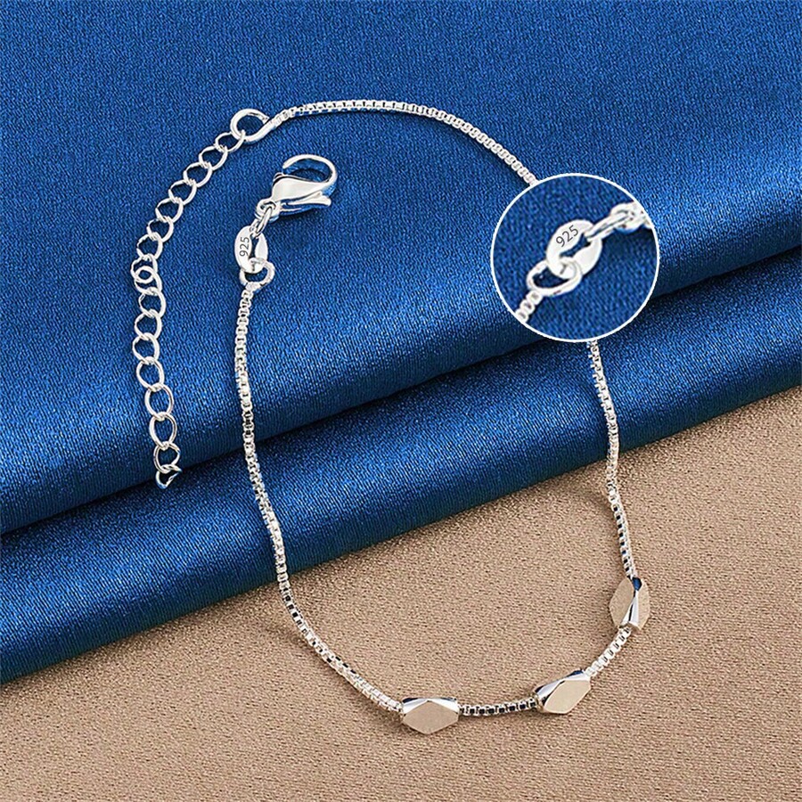 优雅单件925镀银8英寸精致三珠链手链，时尚女士魅力婚礼派对生日礼物首饰 - 銀色 - 查看 1