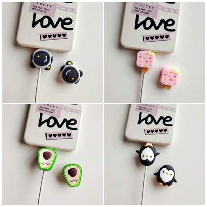 2Pcs Adorable Astronaut/Avocado/Pink Ice Cream/Black Penguin Cable Protectors, Compatible With Apple IOS Phone Charging Cables. Features A Secure Clip Design To Prevent Cable Breakage.