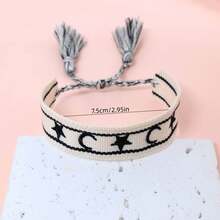 1pc Handmade Woven Bracelet With Embroidered Star - Black and White - View 5