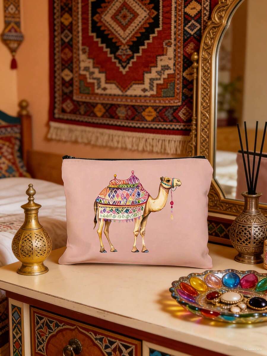 Bolsa de cosméticos con estampado de camello y palmera, disponible en múltiples estilos, estilo impreso colorido, bolsa de maquillaje reutilizable con patrón de camello, ligera, bolsa de almacenamiento de maquillaje y artículos de tocador, bolsa de cosméticos con cremallera, monedero conveniente, bolsa de tocador, bolsa de almacenamiento, accesorio de viaje, excelente para compras, multiusos, para organizar cosméticos, brochas, accesorios