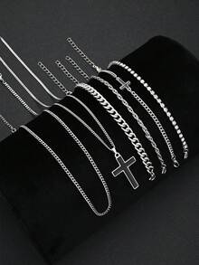 6pcs Fashionable Minimalist Business Men's Rhinestone Cross Bracelet & Stainless Steel Necklace Jewelry Set, Gift For Boyfriend, Daily Commute, Versatile - Silver - View 3