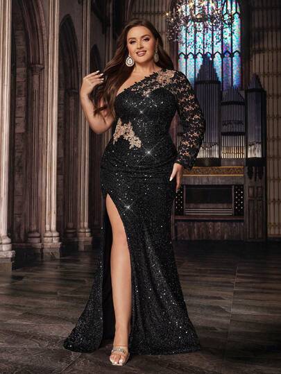 Đầm dạ hội màu đen đính sequin dáng lệch vai xẻ tà, cổ bất đối xứng, dành cho phụ nữ cỡ lớn, thanh lịch.