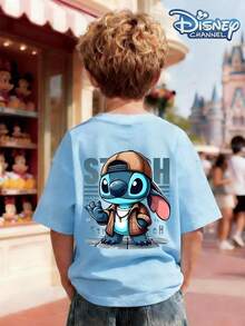 100% Cotton Short-Sleeve T-Shirt For Boys Aged 3–12, A New Summer Style Featuring A Stitch Theme! The Front Is Adorned With A Cute Mini Stitch Print, While The Back Features A Large, Stylish Hooded Stitch With Black Lettering. Stitch Is Dressed In A Brown Plaid Jacket Over A White Top And A Silver Necklace, And Waves With One Hand. The Background Is Decorated With Dark Gray "STITCH" Lettering And Lines, Creating An Eye-Catching And Playful Design. This Classic Crew Neck Pullover Is Crafted From Soft, Durable, Comfortable 100% Cotton, Offering Excellent Breathability And Sweat-Wicking Performance. It Is Available In All Kids' Sizes, Pairing Well With Wide-Leg Jeans, Cargo Shorts, Sweatpants, Or Athletic Joggers. Perfect For Various Occasions Such As Disneyland Visits, Family Outings, School, And Outdoor Parties, It Is A Fun, Versatile, And Highly Stylish Children's Top That Is Sure To Turn Heads. - Baby Blue - View 2