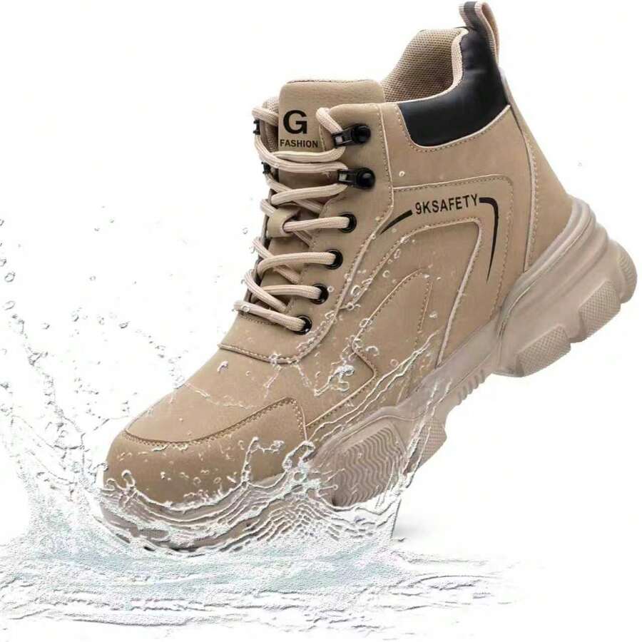 (2-5 Working Days Delivery) Men's Khaki Lace-Up Mid-Cut Safety Work Boots, Waterproof Lightweight Breathable Anti-Smash Puncture-Proof Design, Ideal Holiday Gift For Father's Day Labor Day Back To School And Multi-Scene Working Use (For Women, This Size Is Slightly Larger, Please Choose Size 1.5 Smaller!) - 卡其色 - 查看 1