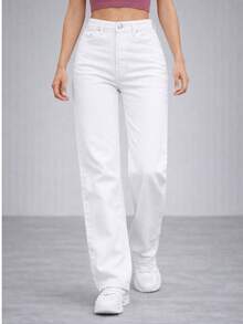 Women's White Wide Leg Jeans, High Waist, Palazzo Style - 白色 - 查看 1