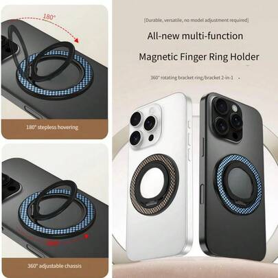 360° drehbarer magnetischer Aluminiumlegierung Handyhalter, zweifarbiger karierter magnetischer drehbarer Handyhalter mit Entspannungsgeräusch, Handyring-Griff, faltbarer Metall-Schreibtisch-Handyhalter, kompatibel mit magnetischen Handyhüllen, dünnes Design kompatibel mit Apple, enthält 1 magnetischen Aufkleber