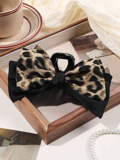 1个双层豹纹丝带蝴蝶结复古优雅正式发夹，爪夹，发饰，丝带装饰，学习用品，女士秋冬/春季度假装，发饰