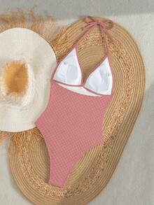 女士纯白夏季沙滩度假休闲吊带串珠特殊面料贝壳海星流苏装饰荷叶边连体泳衣（流苏装饰位置随机） - 西瓜粉 - 查看 2