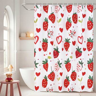 1 pieza Cortina de ducha con estampado de fresa dulce, cortina de ducha con frutas lindas, adecuada para varias decoraciones de habitaciones, particiones, accesorios de baño, cortina de bañera, cortina de ducha