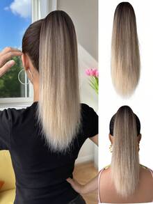 16 Inch Long Straight Ombre Black Brown To Burgundy Claw Clip Ponytail Hair Extension, Made Of Heat-Resistant Synthetic Fiber, Suitable For Women For Christmas, Halloween, Music Festivals, And Daily Use - Two-Tone - View 16