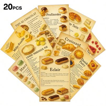 20张复古甜点制作明信片，糕点食谱墙贴套装，包含必备食材和分步说明，甜点制作指南小海报，适用于家居厨房装饰