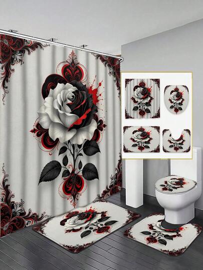 哥特玫瑰浴帘套装 - 黑、红、白配色，饰以优雅花卉图案，包含浴帘、浴垫、马桶盖和防滑浴室垫，为浴室增添神秘浪漫的氛围。