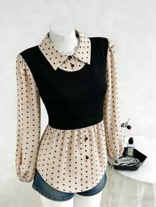 女士波点二合一翻领长袖宽松衬衫 - 杏色 - 查看 6