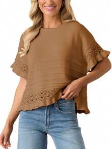 Women's Sweet Crochet Top, Short Sleeve Round Neck Sweater With Cute Ruffle Hem For Spring Summer - màu nâu - Xem 5