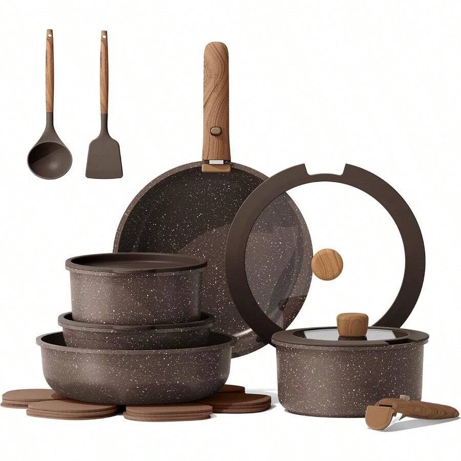 17PCS Pots And Pans Set Non Stick With Detachable Handle, Nonstick Cookware Sets, Cooking Kitchen Set, Oven/Dishwasher , Induction Cookware, Brown, RV Kitchen Pot And Pan - default - View 1