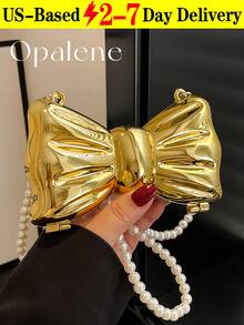 Bowknot Mini Evening Bag For Women, Acrylic Bow-Shaped Crossbody Chain Bag, Metallic Gold Lipstick Bag, Women's Stylish Lipstick Holder Shoulder Crossbody Bag, Suitable For Party, Date, Decorative Clutch, Coin Purse, Silver, Gold Earphone Case - 彩色 - 查看 16