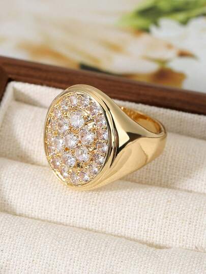 1pc Oval Full Diamond Smooth Ring, Minimalist Vintage Style Ring For Women, Suitable For Daily Wear
