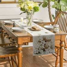 1 tấm khăn trải bàn hình chữ nhật bằng polyester dệt họa tiết "Chúa đã sống lại", thích hợp để trang trí nhà cửa trong dịp lễ Phục Sinh. - Màu be - Xem 6