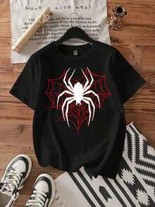 Loose-Fit Spider Printed Round Neck Short Sleeve Women's T-Shirt, Summer Back To SchoolNew Casual T-Shirts For Men And Women | Exquisite Design |   Loose And Comfortable |   Easy To Match | - màu đen - Xem 6