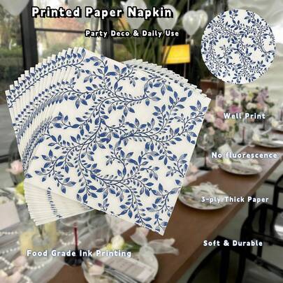 20/40pc Blue And White Porcelain Pattern Dinner Paper Napkins, 13*13inch, Double Layer, Disposable Blue Leaf Paper Towels, Soft& , Wedding And Birthday Novelty Essentials, Suitable For Bathroom, Kitchen, Restaurant, Home, Hotel, Holiday&Festive Party Supplies