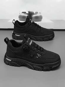 Zapatillas deportivas transpirables de color sólido para hombre, suelas resistentes al desgaste con hebillas giratorias, botas gruesas antideslizantes para exteriores, cómodas de llevar, ideales para ropa informal, caminar, senderismo al aire libre, citas y uso diario. - Blanco y Negro - Ver 2