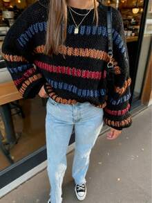 Plus-Size Colorful Striped Sweater, Women's Openwork Knit Sweater - 黑色 - 查看 4