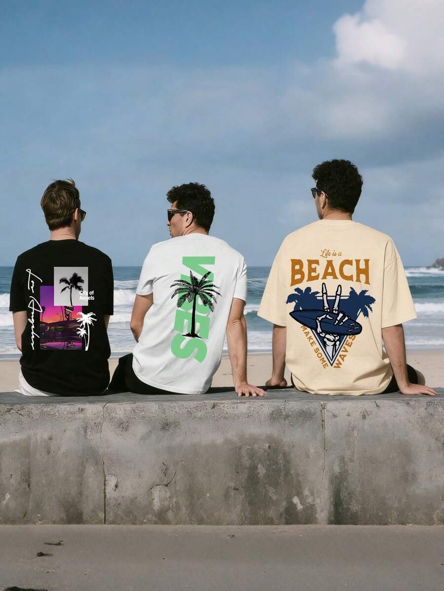 3pcs/Set Tween Boys' Summer Vacation Themed Graphic Tees, & Cool Patterns, Suitable For Teen Boy & Teens Casual Tops - Multicolor - View 1