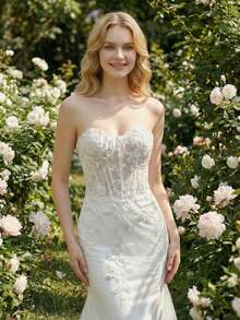 YOUKEFEIER New Strapless Mermaid Wedding Dress With Sheer Mesh, Waist Cinching Design And Train, Suitable For Bridal Ceremony/Reception - Beige - View 3