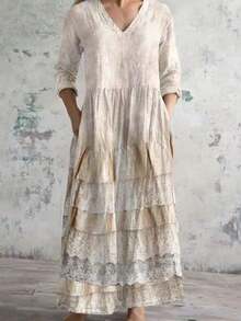 Plus Size, Women's Plus-Size Retro  Floral Digital Printed Artistic Long-Sleeved Dress, Plus-Size Dress, Elegant Party - [多色的] - 查看 4