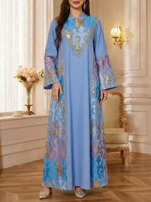Solessence Áo choàng dài tay cổ chữ V thêu tua rua vàng chắp vá mới dành cho nữ nhân dịp lễ Eid Mubarak, có mặt dây chuyền, váy cưới thời trang cho lễ Eid Al-Fitr và Eid Al-Adha - Màu xanh lam - Xem 1