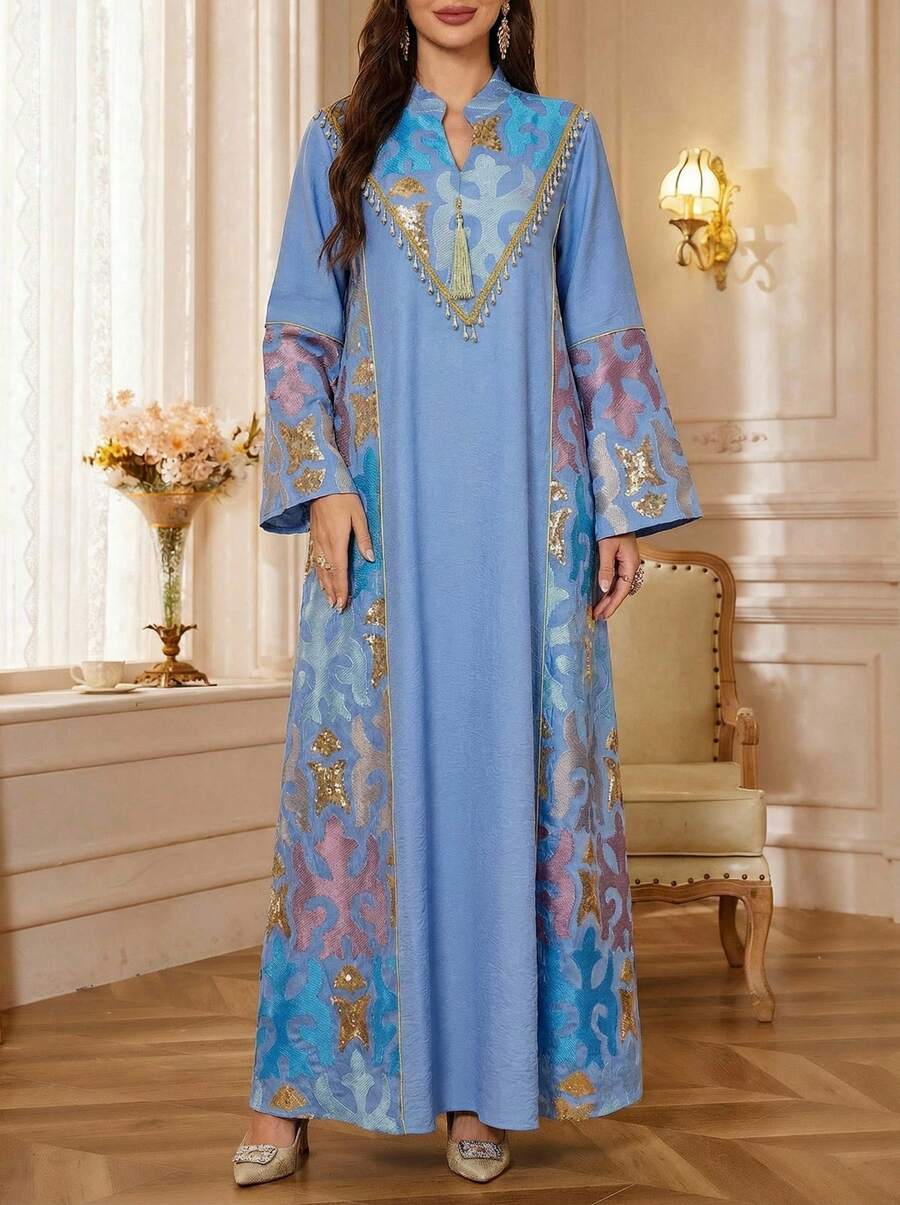 Solessence Áo choàng dài tay cổ chữ V thêu tua rua vàng chắp vá mới dành cho nữ nhân dịp lễ Eid Mubarak, có mặt dây chuyền, váy cưới thời trang cho lễ Eid Al-Fitr và Eid Al-Adha - Màu xanh lam - Xem 1