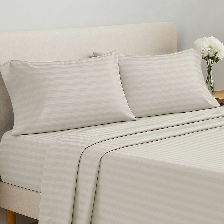 Lux Decor 4 Pc Stripe Bed Sheets, High GSM Brushed Microfiber Bedding Set With Deep Pocket Fitted Sheet & Pillowcases. Soft, Breathable, Hypoallergenic, Easy Care, And Wrinkle Resistant For Year-Round Comfort And A Classic Hotel-Quality Look. - 灰褐色 - 查看 1