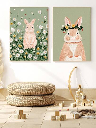 1pc Paintings Canvas Wall Art - Baby Goods – Adorable Rabbit In Flowers Wall Decoration, Spring Nursery Decor, Pastel Animal Patterns, Children's Room Artwork, Baby Girl Bedroom Illustration - Framed Nursery Wall Art Perfectly Suited For Playroom Decor Nursery Decor, Childcare Room Decor, Kindergarten Decor